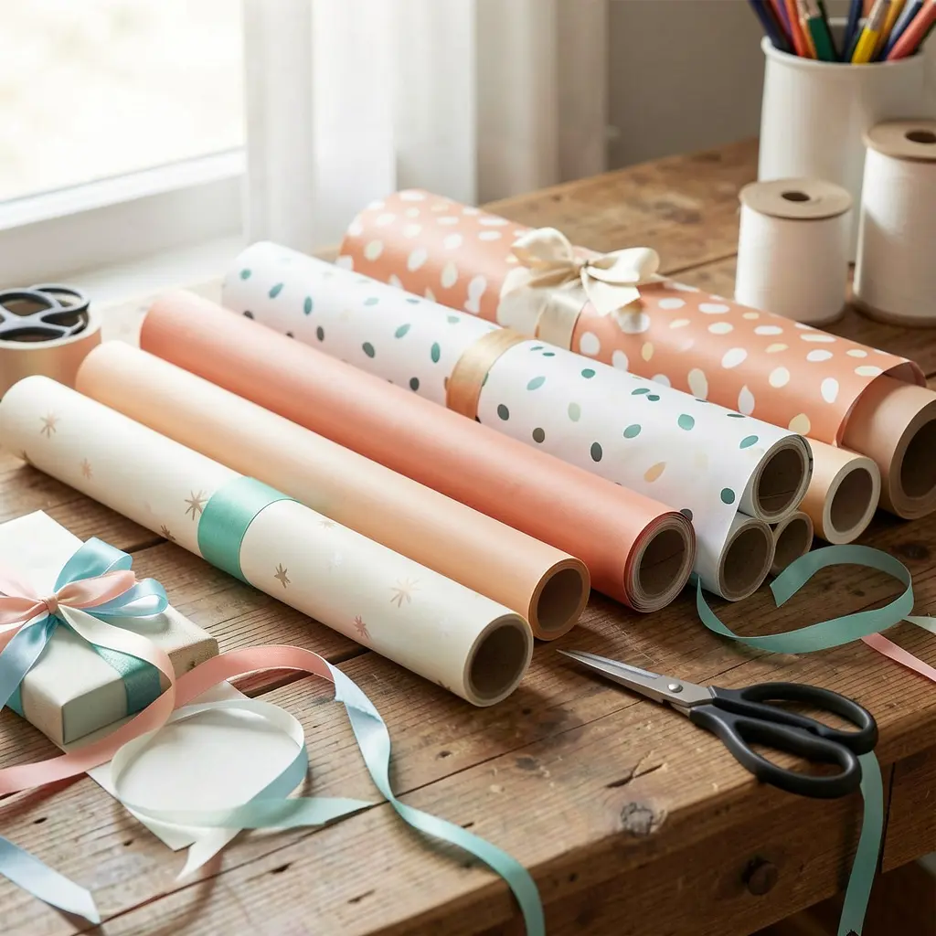 Gift wrapping materials and tools on workspace